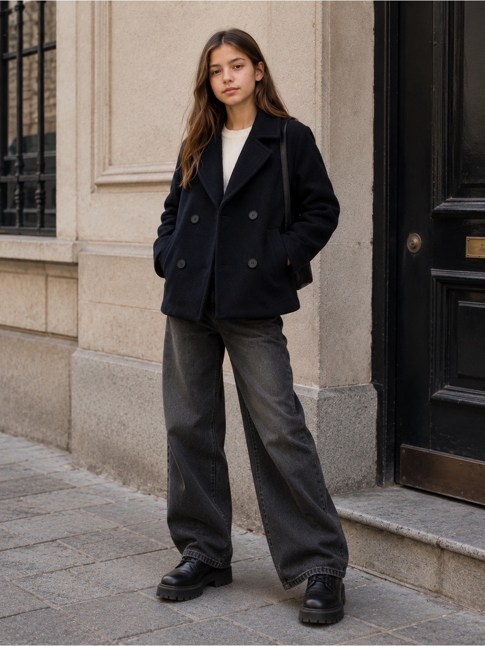 Zara Girls Navy Wool Blend Peacoat Jacket Double Breasted Size 13-14 164 cm